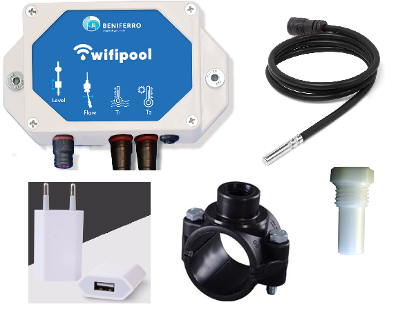 Wifipool module TLF incl temp sonde + aanboorzadel 50mm/ 1/2 inch + temp sondehouder + usb transfostekker 1 aansluiting zelfbouwpakket