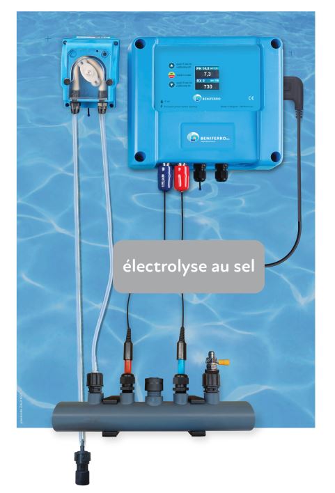 Appareil de contrôle d'électrolyse au sel prémonté avec régulation pH et RX et prise au choix