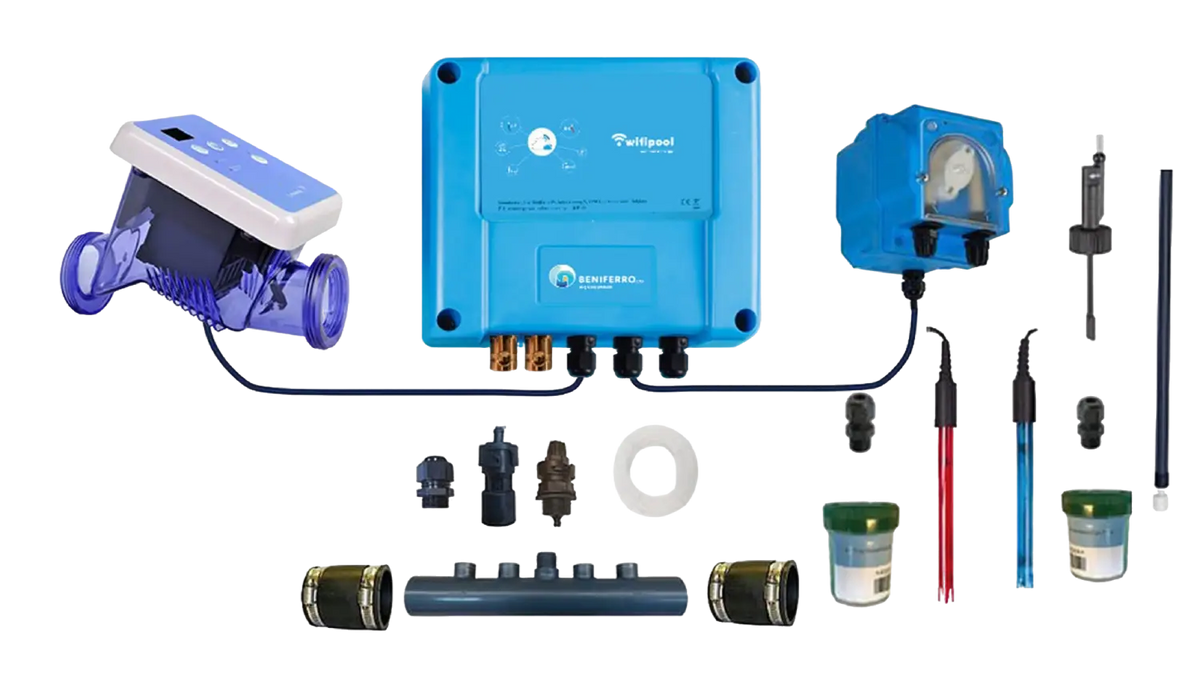 Kit bricolage d'électrolyse au sel SR avec contrôle pH, RX  - Piscine jusqu'à 150m³ - Wi-Fi | Écran - Contrôle débit/niveau en option