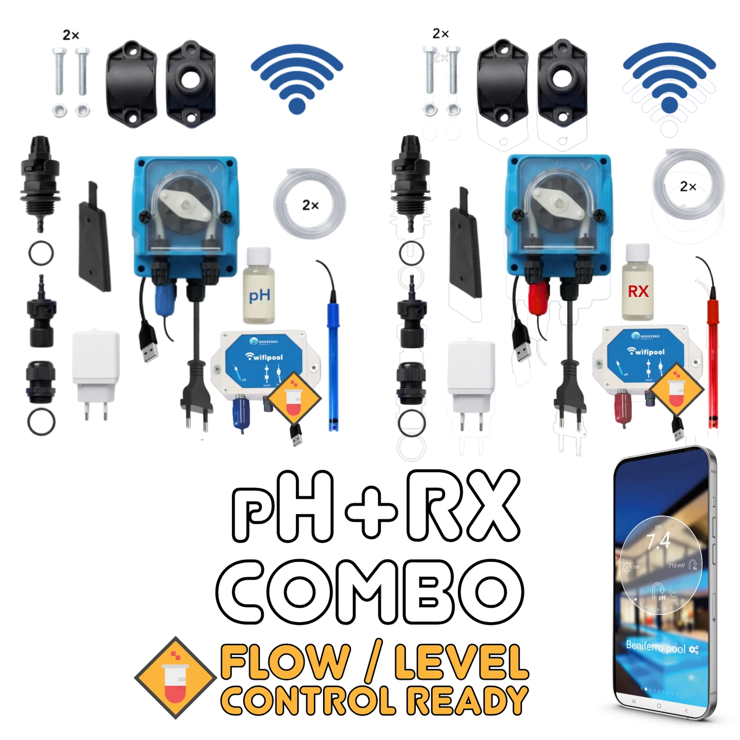 WiFiPOOL UNO pH + RX | Pompes doseuses MICRODOS | pilotage WiFi | kit complet | piscine jusqu'à 150m³