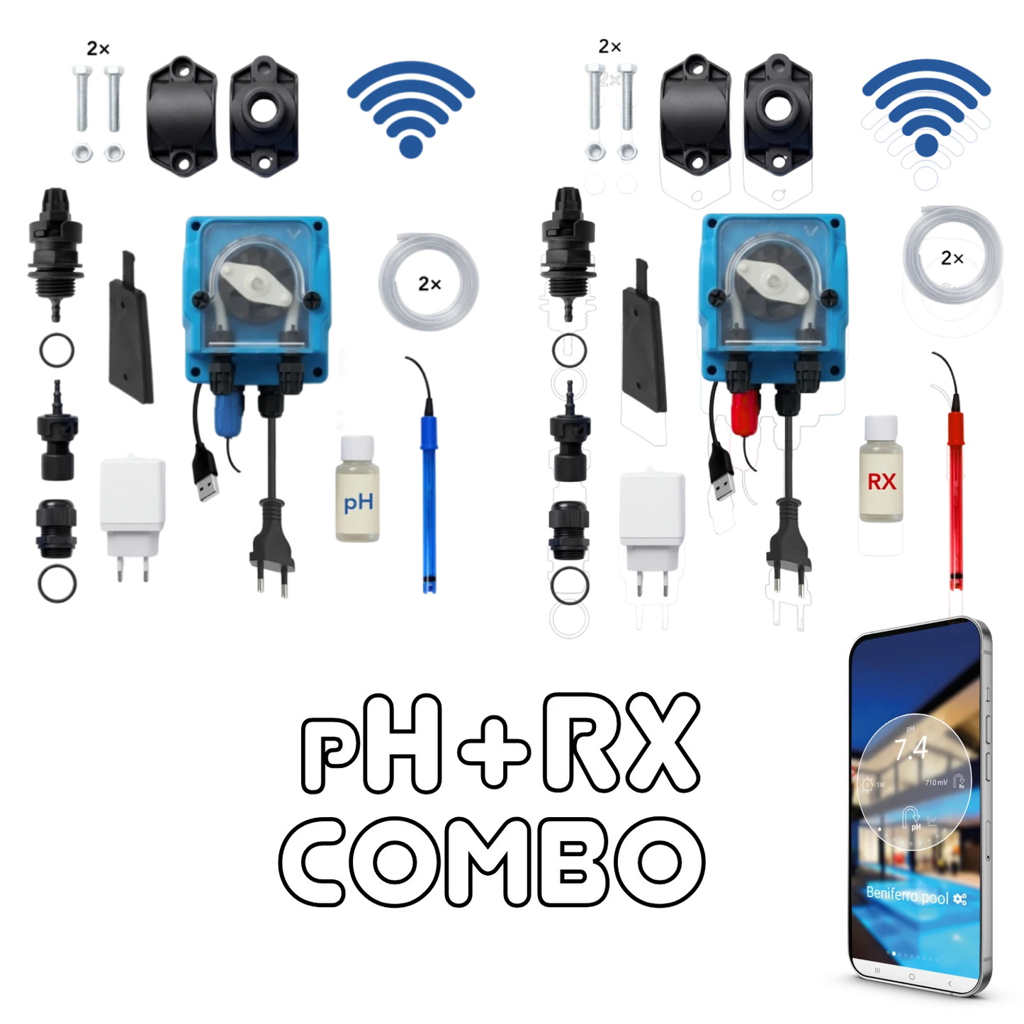 WiFiPOOL UNO pH + RX | Pompes doseuses MICRODOS | pilotage WiFi | kit complet | piscine jusqu'à 150m³