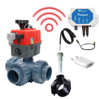 Vanne automatique 3 voies WIFI 50 mm, perçage en L, avec module de régulation de température TLF et capteurs de température (1 et 3 m) - kit DIY HIDRO plug & play