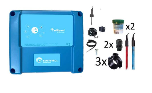 Wifipool connect PRO meet-box voor zoutelectrolyse  (pH-RX-temp x2 - Flow) incl meet-en installatiemateriaal, uitbreidbaar naarregeling  pH, zoutelectrolyse en verwarming zelfbouwpakket