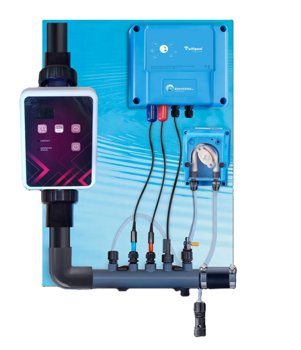 Électrolyse au sel SR pré-assemblée avec contrôle du pH, RX  - Piscines jusqu'à 150 m³ - Wi-Fi | Écran - Contrôle du débit/niveau en option